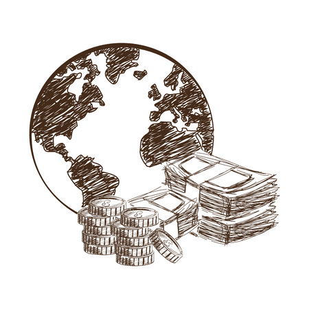 bills coins planet money business icon. Isolated and sketch illustration. Vector graphicのイラスト素材