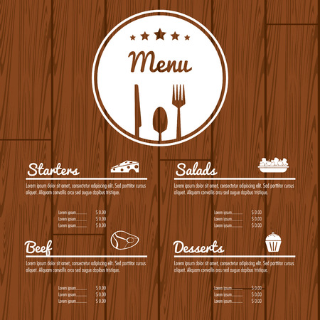 starters salads beef dessert beverage menu restaurant kitchen icon. Colorfull illustration Wood background. Vector graphicのイラスト素材