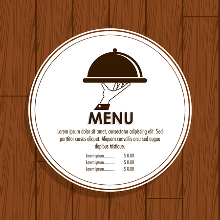 plate hand waiter menu restaurant kitchen icon. Colorfull illustration Wood background. Vector graphicのイラスト素材