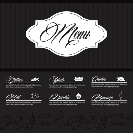starters salads beef chicken dessert beverage menu label restaurant kitchen icon. Black and white illustration. Vector graphicのイラスト素材
