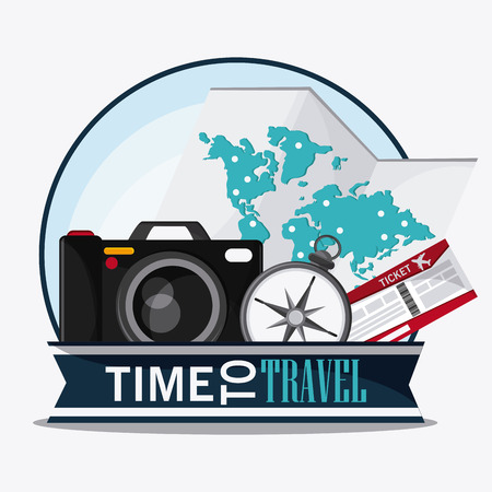 camera ticket compass map time to travel vacations trip icon. Colorfull illustration. Vector graphicのイラスト素材