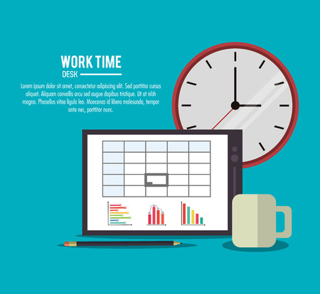 tablet clock mug pencil infographic document office work time supply icon. Colorfull and flat illustration, vectorのイラスト素材