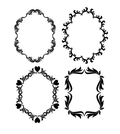 Vintage frame oval ornament decoration icon set. Isolated and black illustrationのイラスト素材