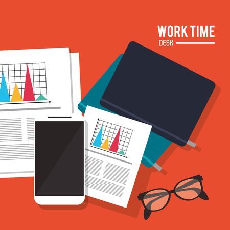 notebook document infographic smartphone worktime desk office supply icon. Colorful design. Vector illustrationのイラスト素材