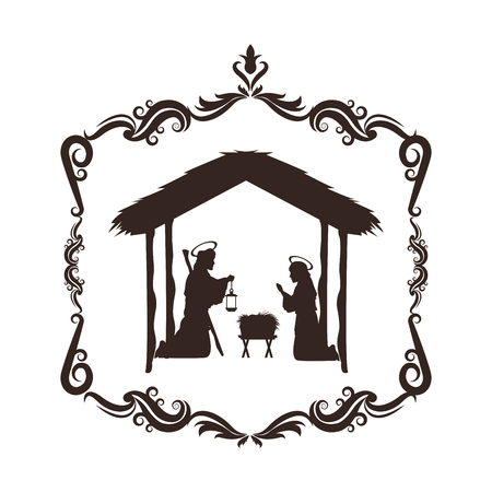 joseph mary holy family merry christmas frame icon. Black white isolated design. Vector illustrationのイラスト素材