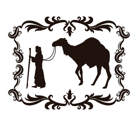 wise man camel holy family merry christmas frame icon. Black white isolated design. Vector illustrationのイラスト素材
