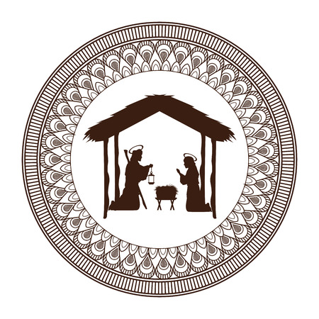 joseph mary holy family merry christmas frame icon. Black white isolated design. Vector illustrationのイラスト素材