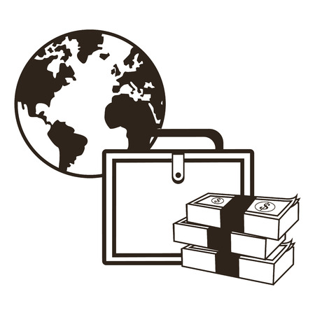 planet bills suitcase money financial sketch icon. Black white isolated design. Vector illustrationのイラスト素材
