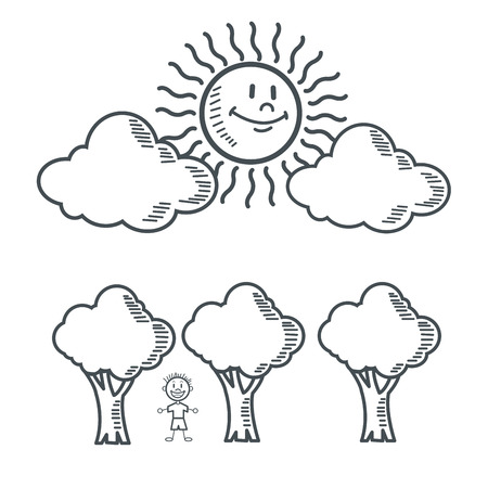 kid sun cloud tree nature cartoon icon. Black white isolated design. Vector illustrationのイラスト素材