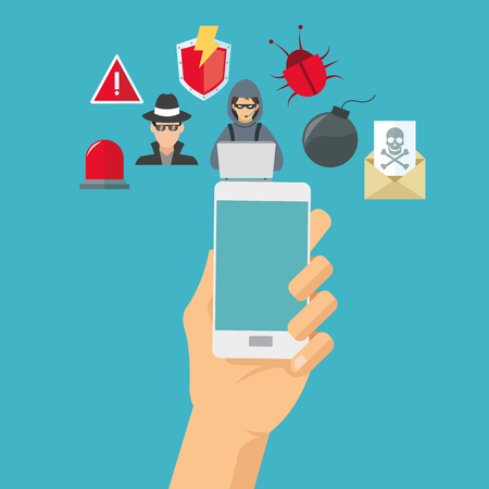 smartphone hacker bug alarm cyber security system technology icon. Colorful and flat design. Vector illustrationのイラスト素材