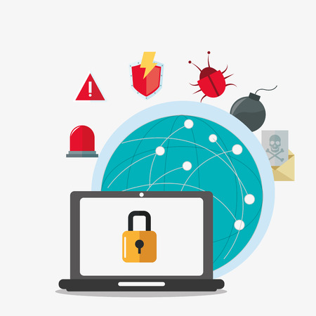 laptop padlock global bug alarm envelope cyber security system technology icon. Colorful and flat design. Vector illustrationのイラスト素材
