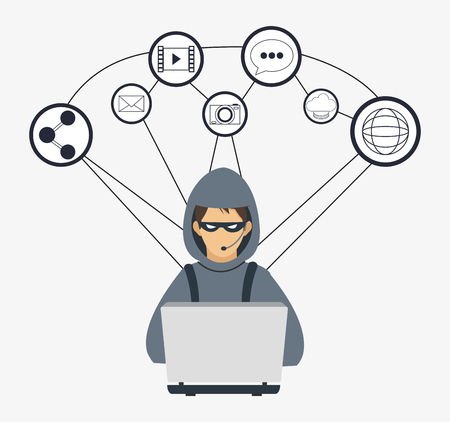 hacker laptop share camera global cyber security system technology icon. Colorful and flat design. Vector illustrationのイラスト素材