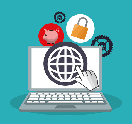laptop padlock piggy gears ecommerce shopping online technology icon. Colorful and Flat design. Vector illustrationのイラスト素材