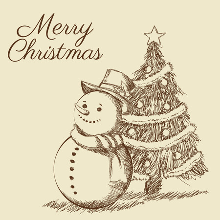 pine tree snowman merry christmas decoration celebration icon. Isolated draw and sketch design. Vector illustrationのイラスト素材