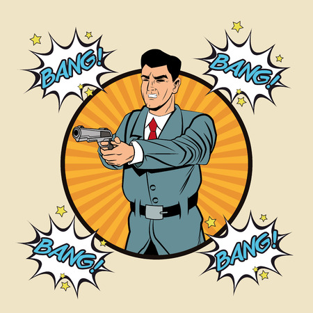 Detective police man gun revolver pop art comic cartoon icon. Colorful and striped seal stamp design. Vector illustrationのイラスト素材