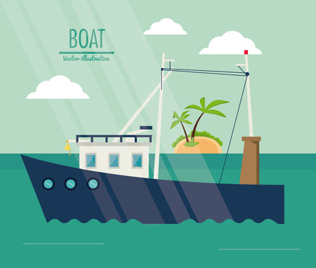 boat ship clouds island beach palm tree sea ocean transportation icon. Colorful design. Vector illustrationのイラスト素材