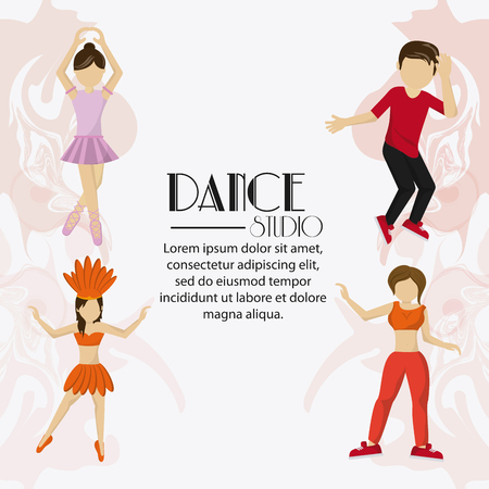 girl boy cartoon avatar dancer dance studio academy advertising icon. Colorful design. Splash background. Vector illustrationのイラスト素材