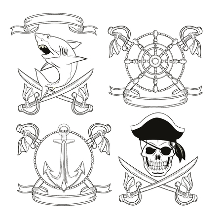skull sword shark anchor rudder ribbon cartoon pirate tattoo marine nautical icon. Black white isolated design. Vector illustrationのイラスト素材