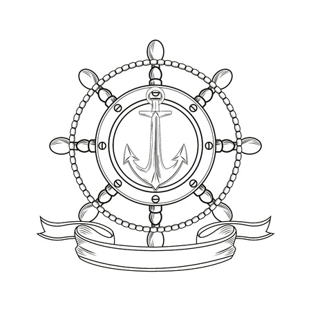 rudder anchor ribbon cartoon pirate tattoo marine nautical icon. Black white isolated design. Vector illustrationのイラスト素材