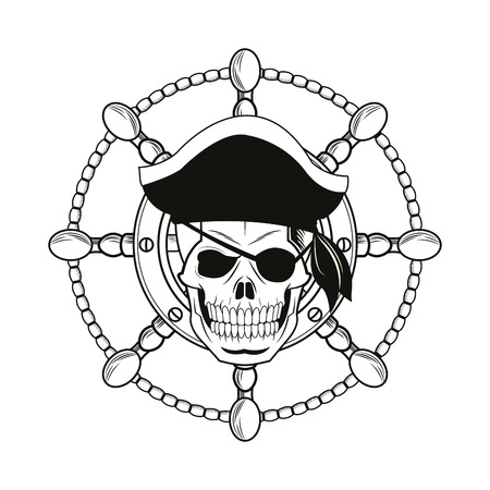 skull rudder cartoon pirate tattoo marine nautical icon. Black white isolated design. Vector illustrationのイラスト素材