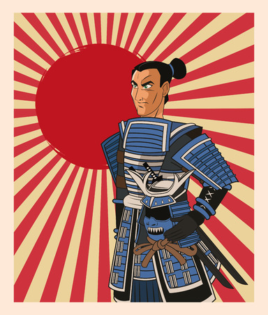 Samurai man cartoon with uniform icon. comic and japan culture. Colorful design. Striped background. Vector illustrationのイラスト素材