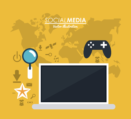 laptop gadget lupe and game icon. Social media network communication and media icon set. Colorful design. Vector illustrationのイラスト素材