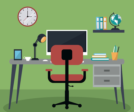 Computer chair and table with books and lamp. Work at home and freelance theme. Colorful design. Vector illustrationのイラスト素材