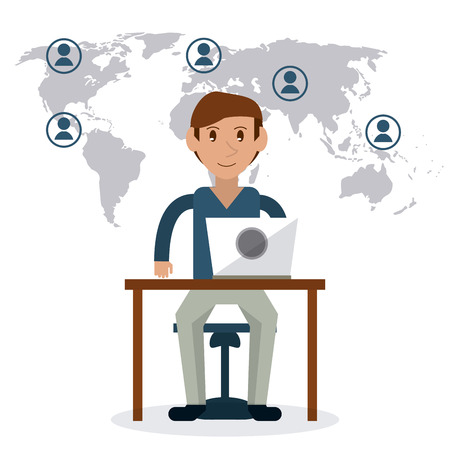 Cartoon man sitting with laptop on table. Work at home and freelance theme. Colorful design. Map and media background. Vector illustrationのイラスト素材