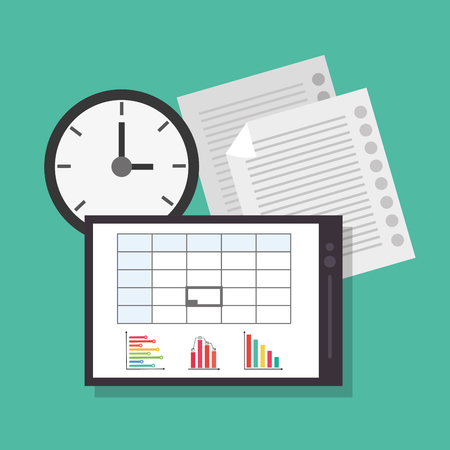 flat design tablet with graph charts with clock and paper documents office related items icon vector illustrationのイラスト素材