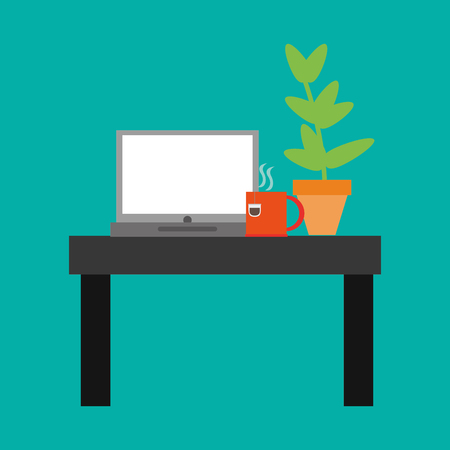 flat design laptop on desk with tea cup and plant office related items icon vector illustrationのイラスト素材