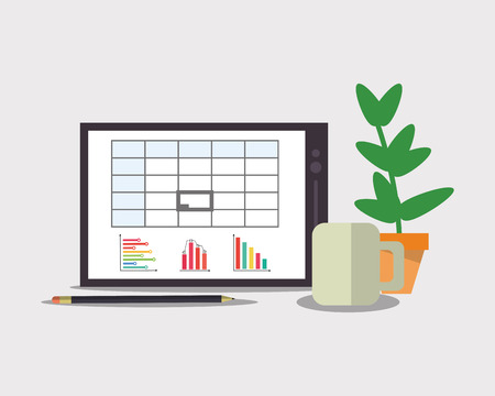flat design laptop with graph chart on screen pencil mug and plant office related items icon vector illustrationのイラスト素材