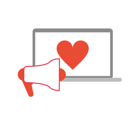 flat design laptop with cartoon heart and megaphone telecommunication related icons vector illustraitonのイラスト素材