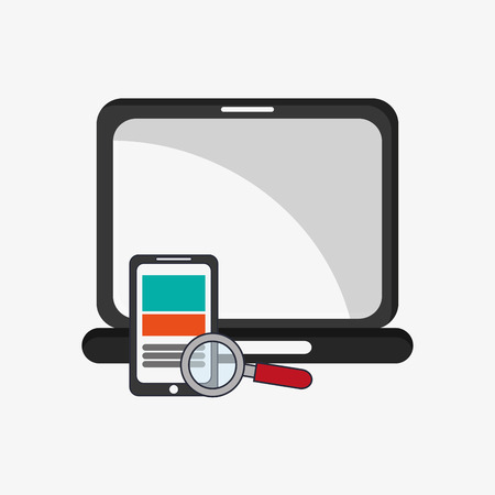 flat design laptop with magnifying glass and cellphone telecommunication related icons vector illustraitonのイラスト素材