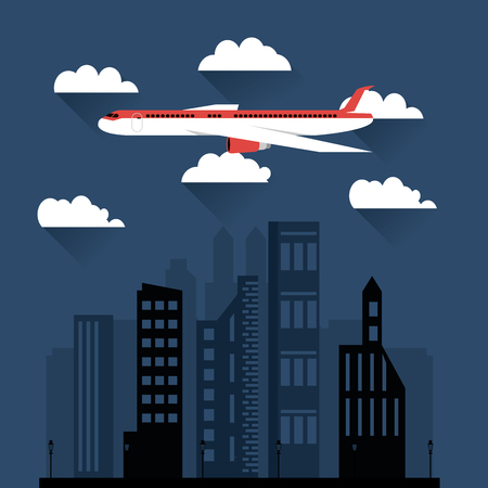 flat design flying airplane over city buildings  image vector illustrationのイラスト素材