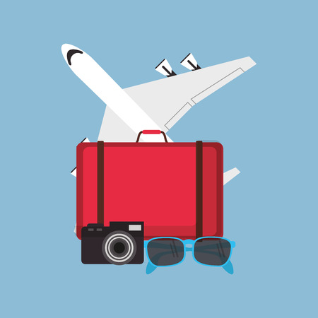 ariplane with suitcase sunglasses and camera travel related icons image vector illustrationのイラスト素材