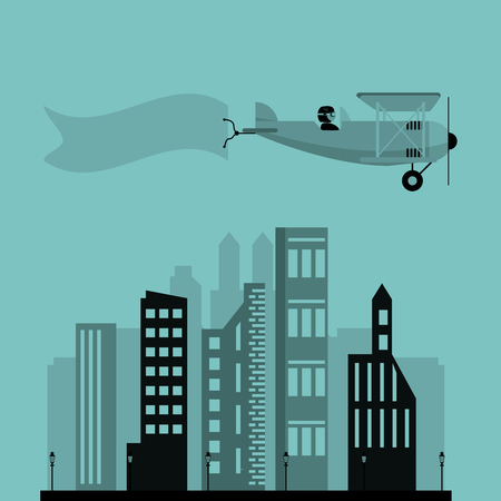 airplane and advertising banner over city vector illustrationのイラスト素材