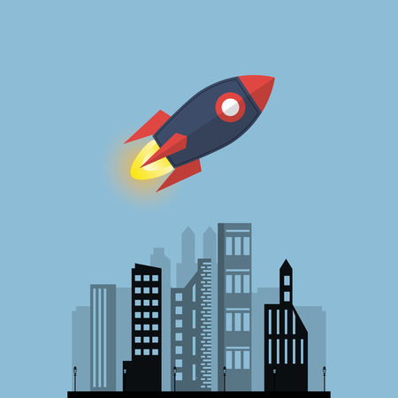 single rocket icon and city buildings  vector illustrationのイラスト素材