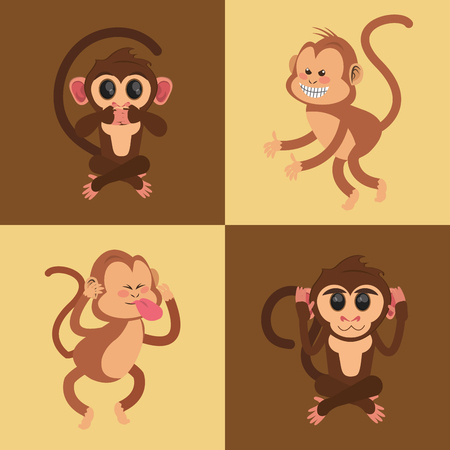 flat design four happy  jungle monkeys cartoon vector illustrationのイラスト素材