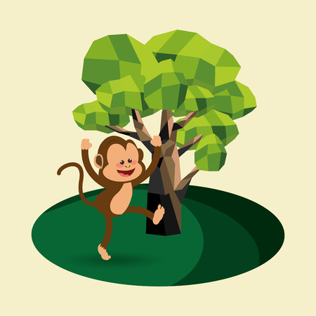 flat design happy  jungle monkey cartoon with abstract tree vector illustrationのイラスト素材