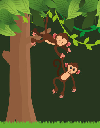 flat design happy playful  jungle monkeys hanging cartoon vector illustrationのイラスト素材
