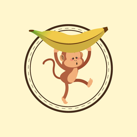 flat design jungle monkey cartoon  and banana emblem vector illustrationのイラスト素材