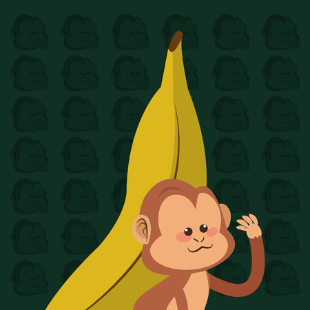 flat design jungle monkey cartoon and banana  with monkey pattern background vector illustrationのイラスト素材