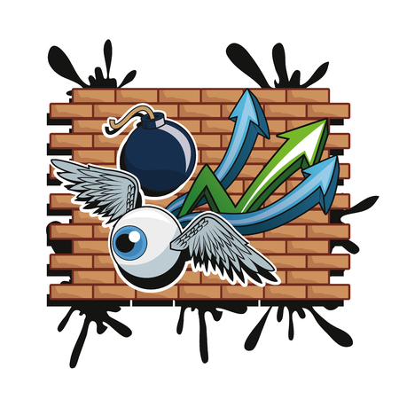 Cartoon eye with wings arrows and bomb. Urban art theme. Colorful and isolated design. Vector illustrationのイラスト素材