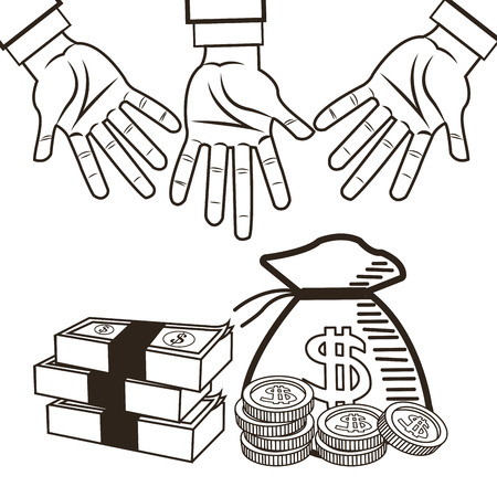 Hand bills coins and bag icon. Money economy commerce and market theme. Isolated black and white design. Vector illustrationのイラスト素材