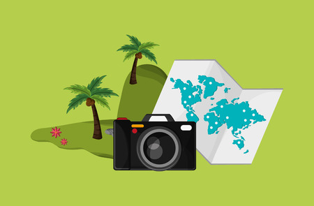 flat design camera with vacation travel icons image vector illustrationのイラスト素材