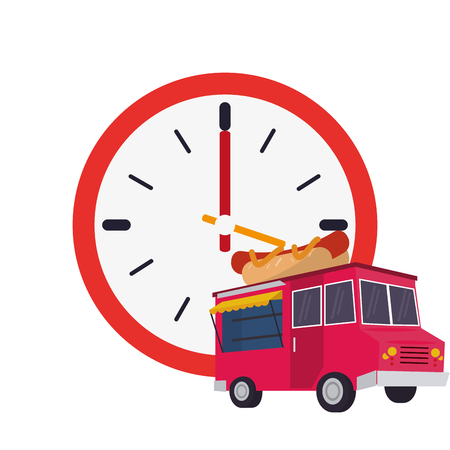 flat design wall clock and  fast food truck  icon vector illustrationのイラスト素材