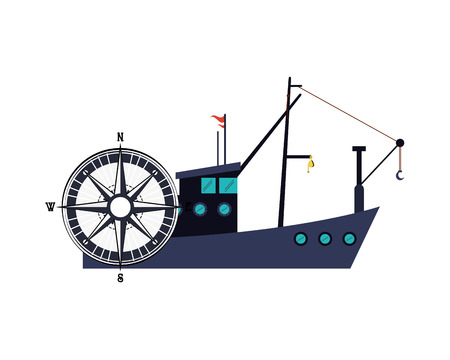 flat design fishing boat and compass  icon vector illustrationのイラスト素材