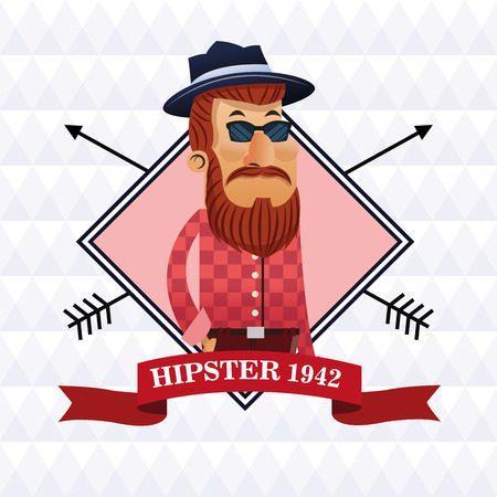 Hipster man cartoon with mustache and glasses inside frame with ribbon icon. Style fashion vintage and culture theme. Colorful design. Polygonal background. Vector illustrationのイラスト素材