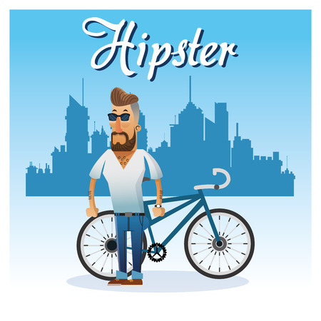 Hipster man cartoon with bike icon. Style fashion vintage and culture theme. Colorful design. City silhouette background. Vector illustrationのイラスト素材