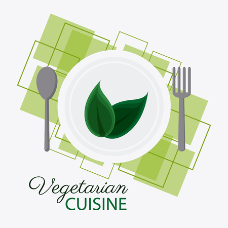 Plate leaf and cutlery icon. Vegetarian cuisine organic and healthy food theme. Colorful design. Vector illustrationのイラスト素材